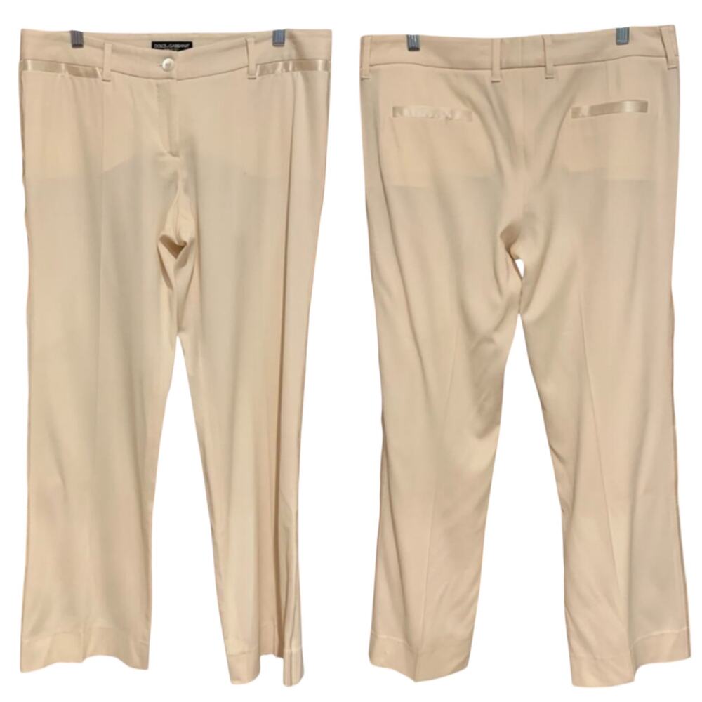Dolce & Gabanna Cream Satin Trim Tux Stripe Wide Leg Trousers Wool/Silk Size 46